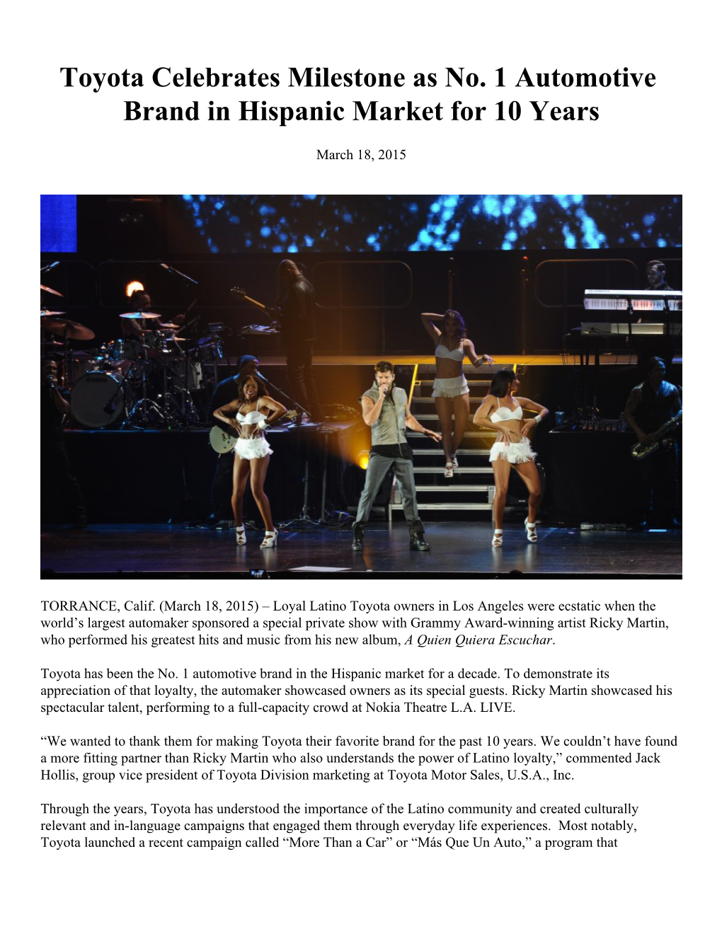 Toyota Celebrates Milestone As No. 1 Automotive Brand in Hispanic Market for 10 Years