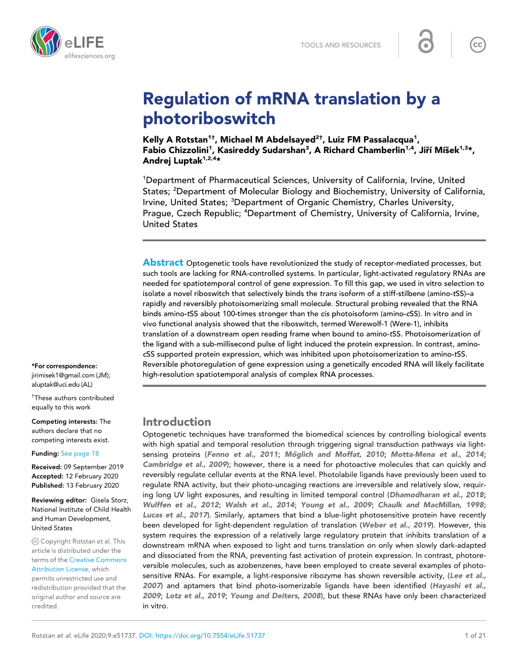 Regulation of Mrna Translation by a Photoriboswitch