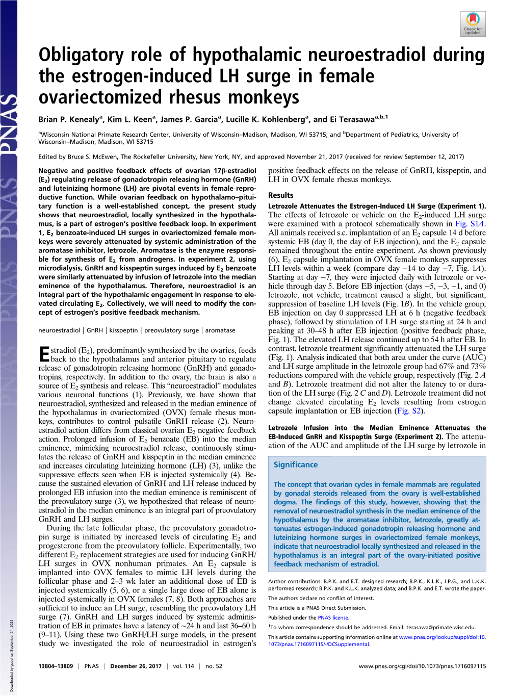 Obligatory Role of Hypothalamic Neuroestradiol During the Estrogen-Induced LH Surge in Female Ovariectomized Rhesus Monkeys