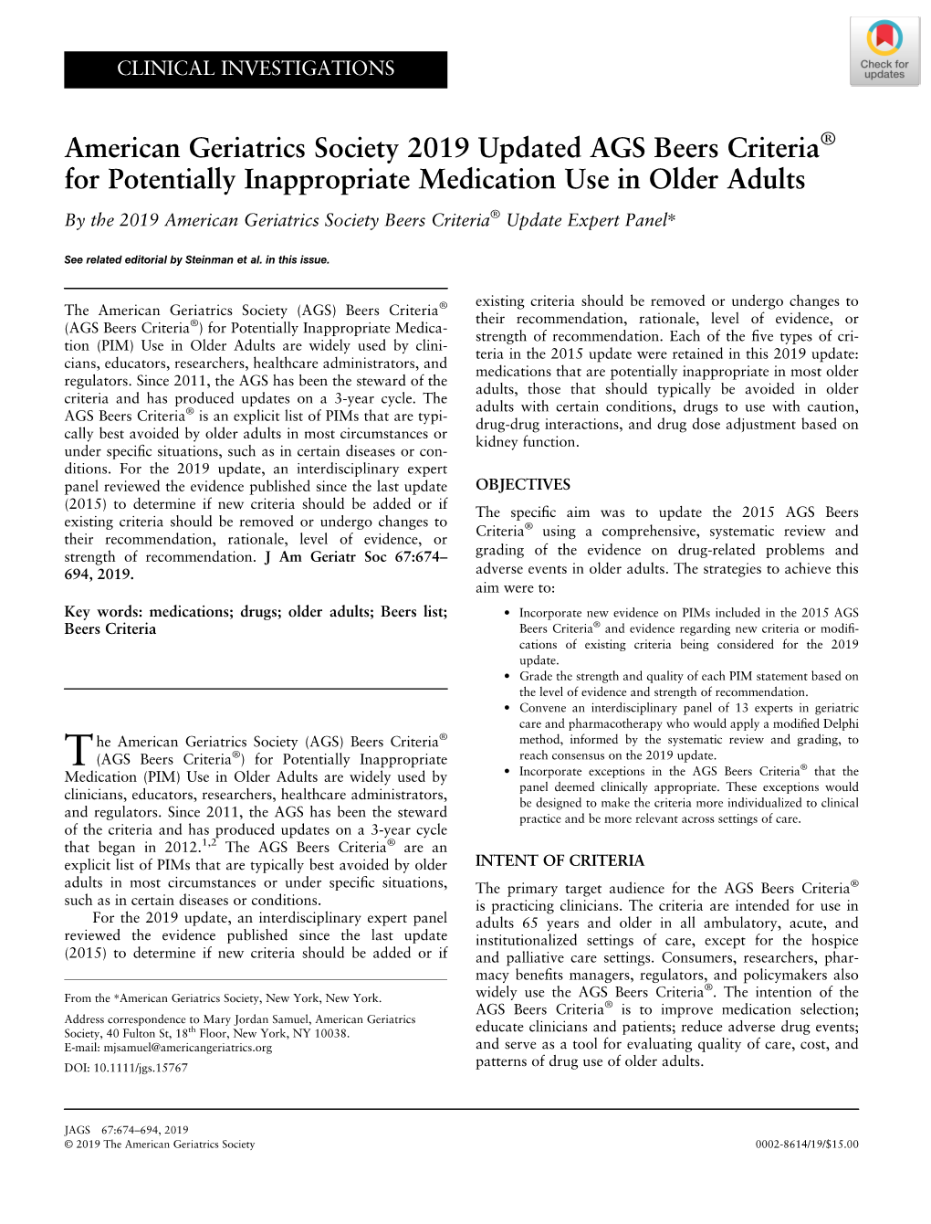 American Geriatrics Society 2019 Updated AGS Beers