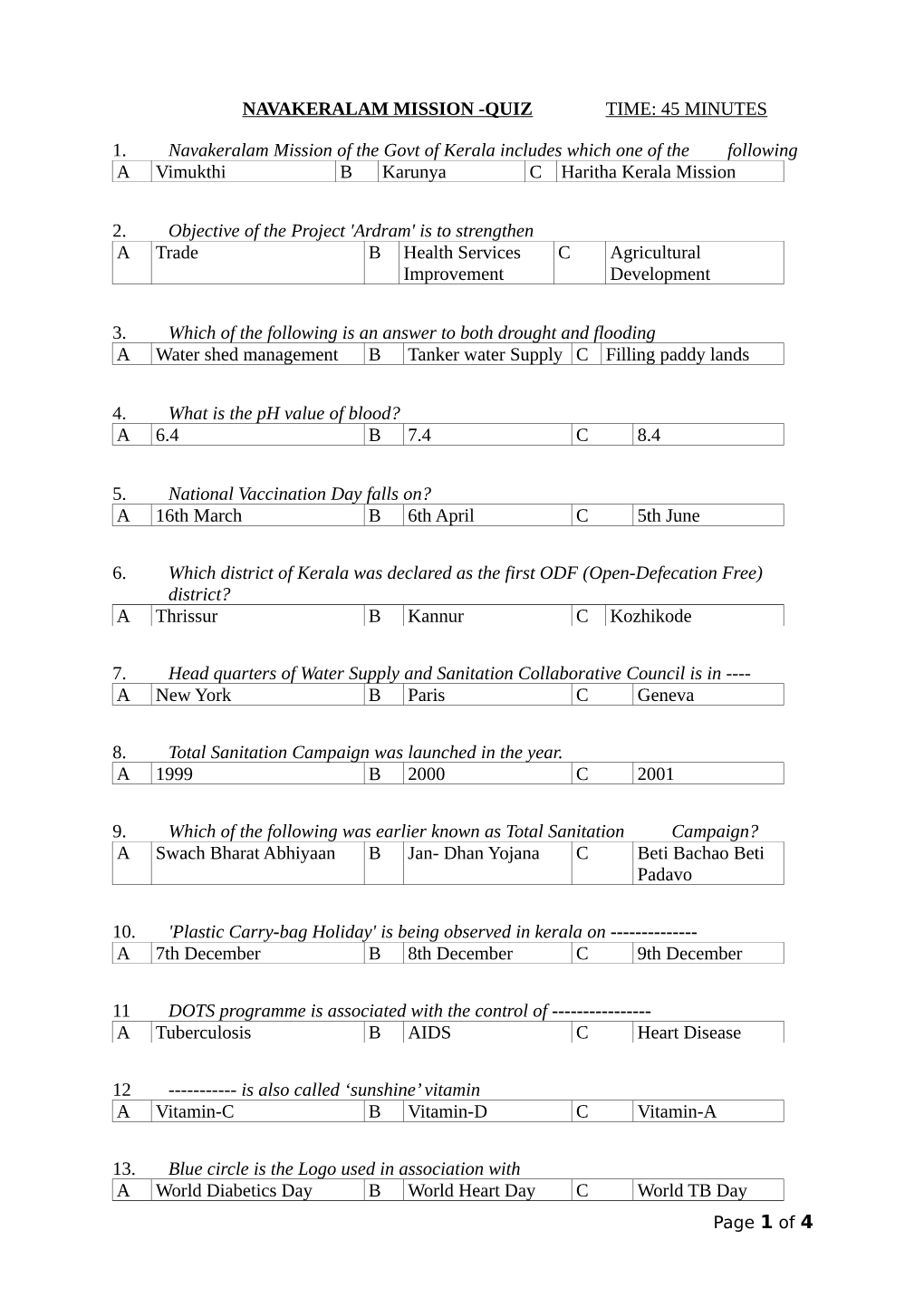 NAVAKERALAM MISSION -QUIZ TIME: 45 MINUTES 1. Navakeralam