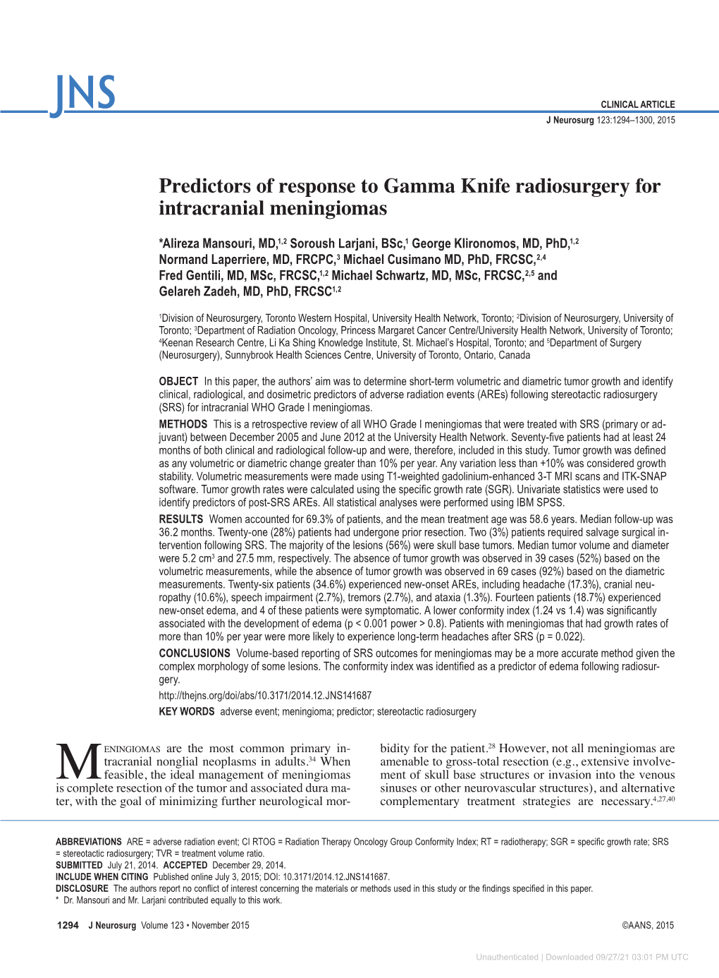 Predictors of Response to Gamma Knife Radiosurgery for Intracranial Meningiomas