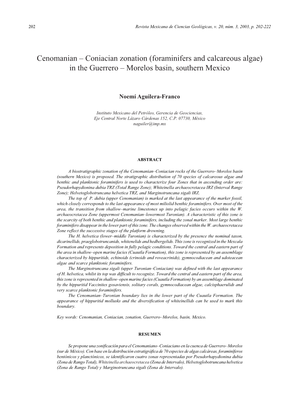 Cenomanian – Coniacian Zonation (Foraminifers and Calcareous Algae) in the Guerrero – Morelos Basin, Southern Mexico