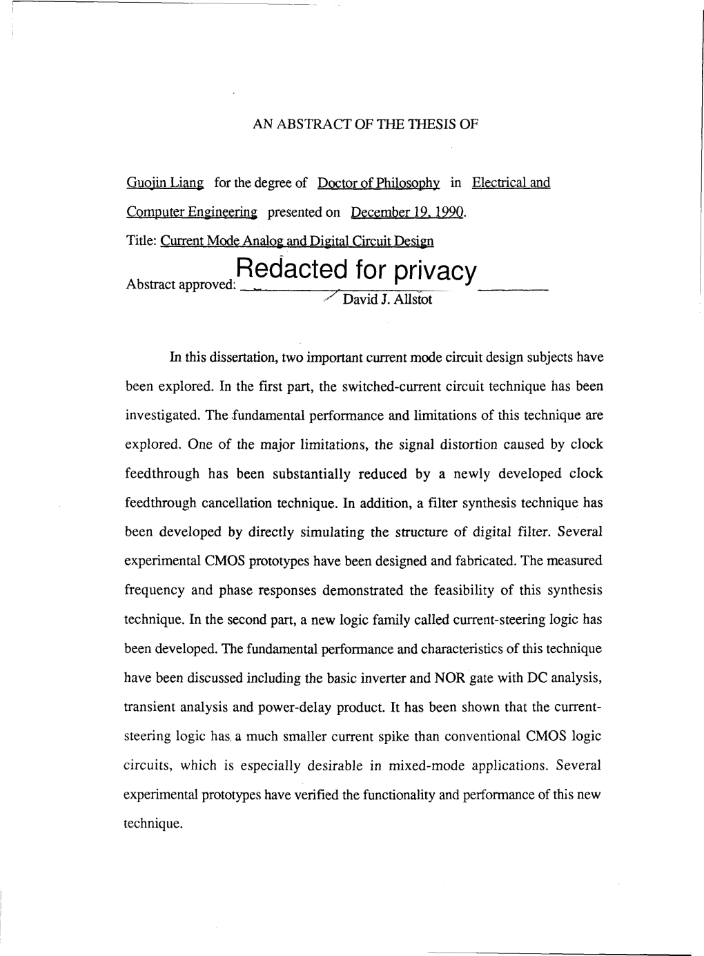 Current Mode Analog and Digital Circuit Design Redacted for Privacy Abstract Approved: David J