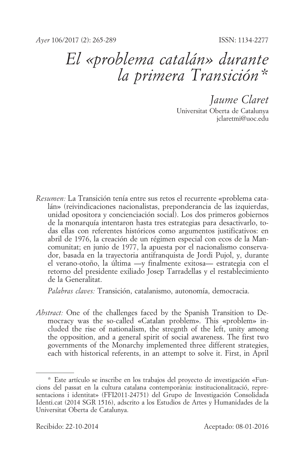 El «Problema Catalán» Durante La Primera Transición Jaume Claret