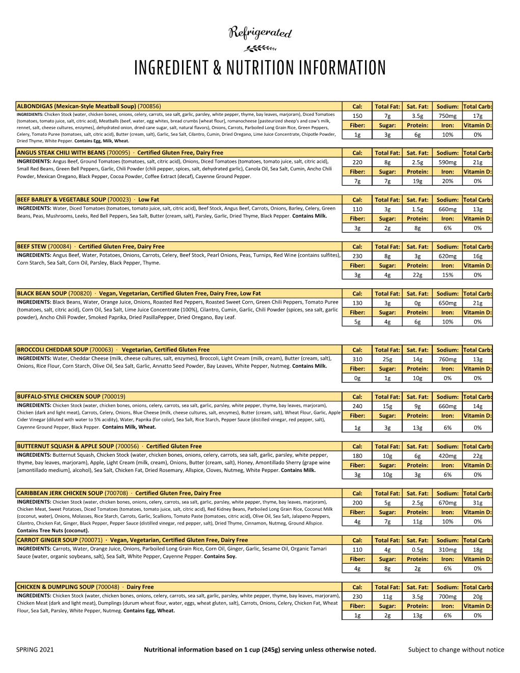 SPRING 2021 Nutritional Information Based on 1 Cup (245G) Serving Unless Otherwise Noted