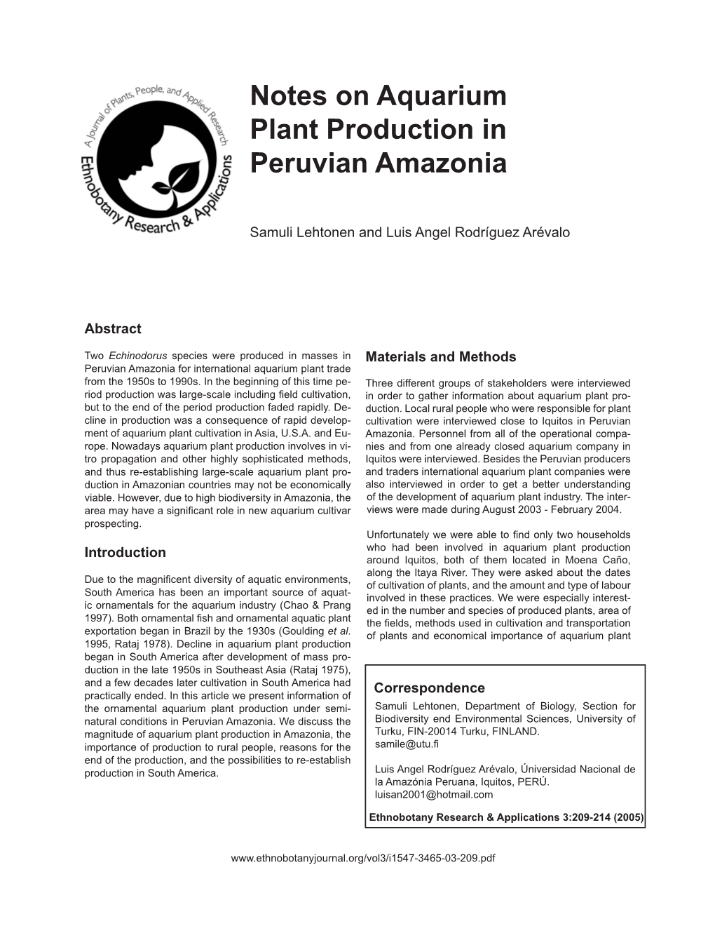 Notes on Aquarium Plant Production in Peruvian Amazonia