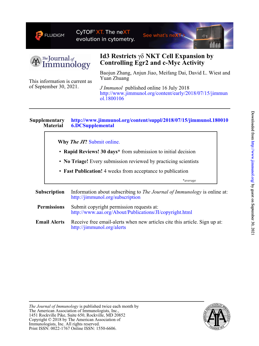 Id3 Restricts Γδ NKT Cell Expansion by Controlling Egr2 and C-Myc Activity