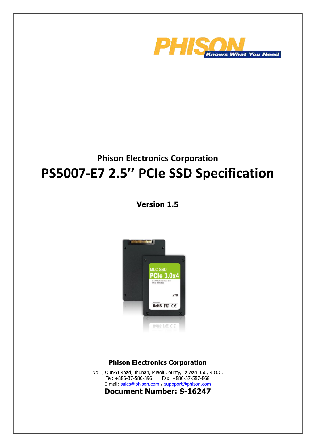 PS5007-E7 2.5'' Pcie SSD Specification