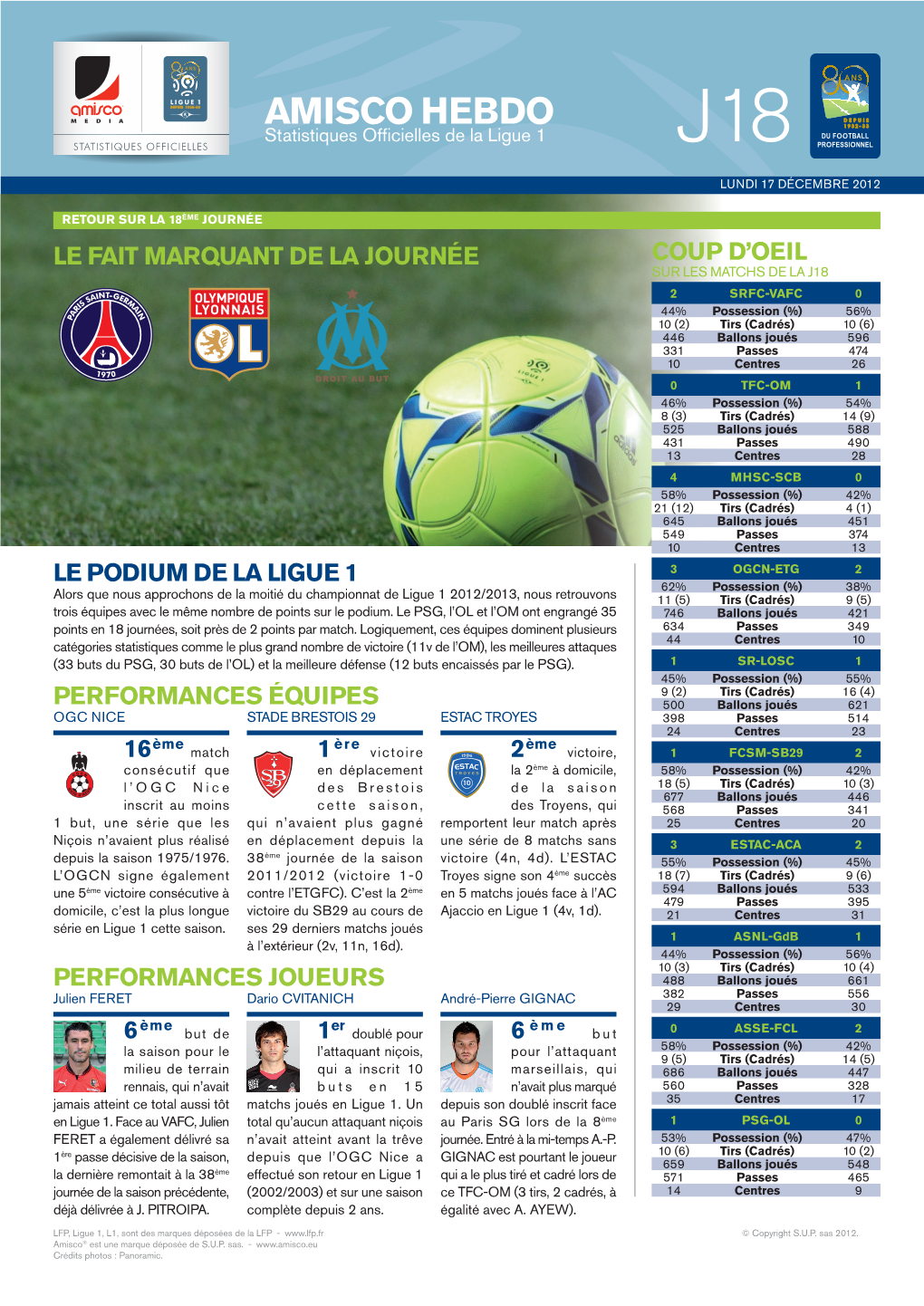 AMISCO HEBDO Statistiques Ofﬁ Cielles De La Ligue 1 J18