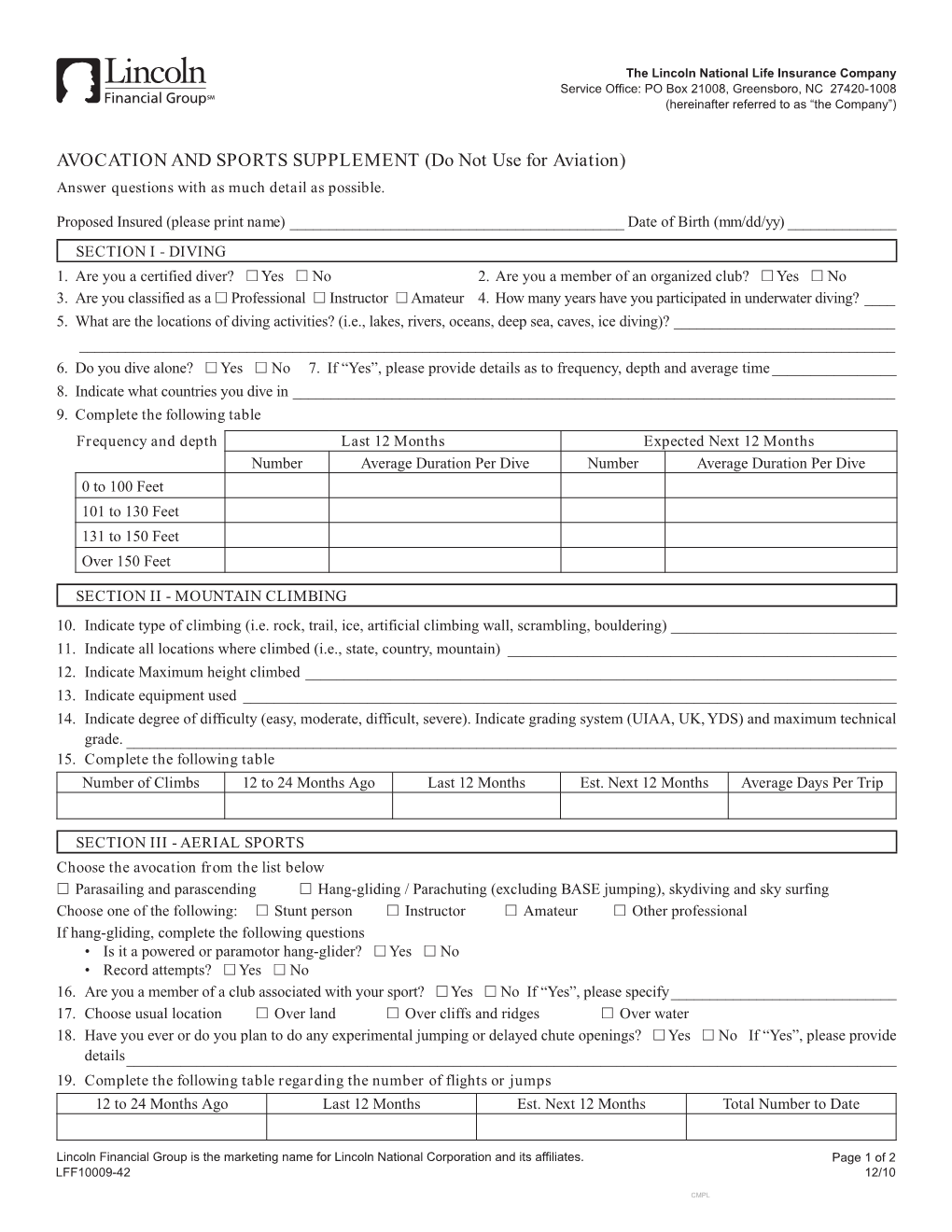 AVOCATION and SPORTS SUPPLEMENT (Do Not Use for Aviation) Answer Questions with As Much Detail As Possible