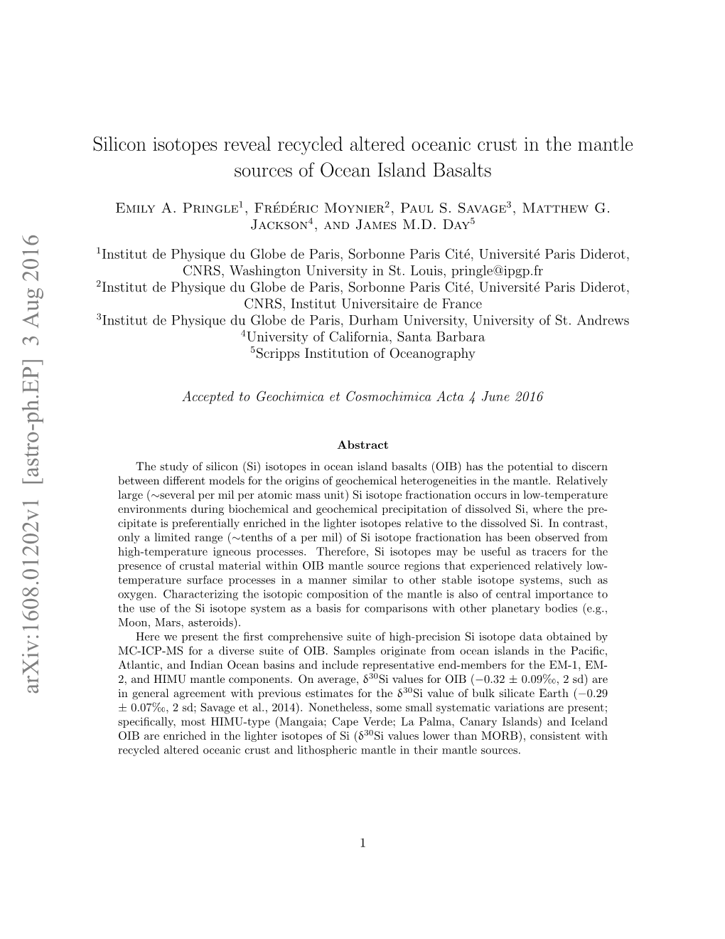 Silicon Isotopes Reveal Recycled Altered Oceanic Crust in the Mantle Sources of Ocean Island Basalts