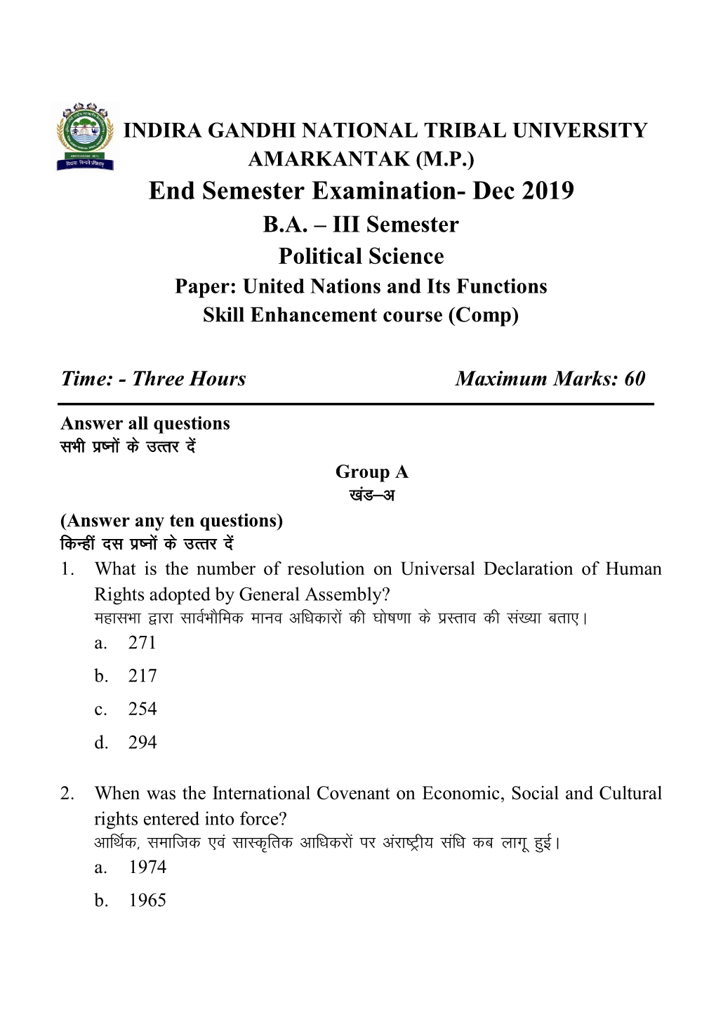 BA III United Nations and Its Functions Skill Enhancement Course