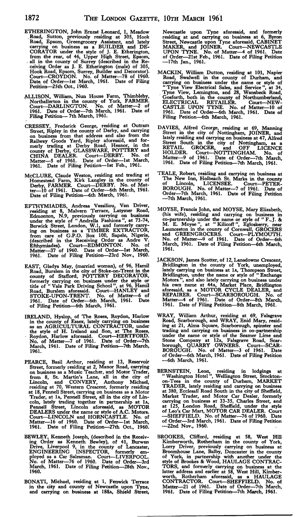 1872 the LONDON GAZETTE, Lora MARCH 1961