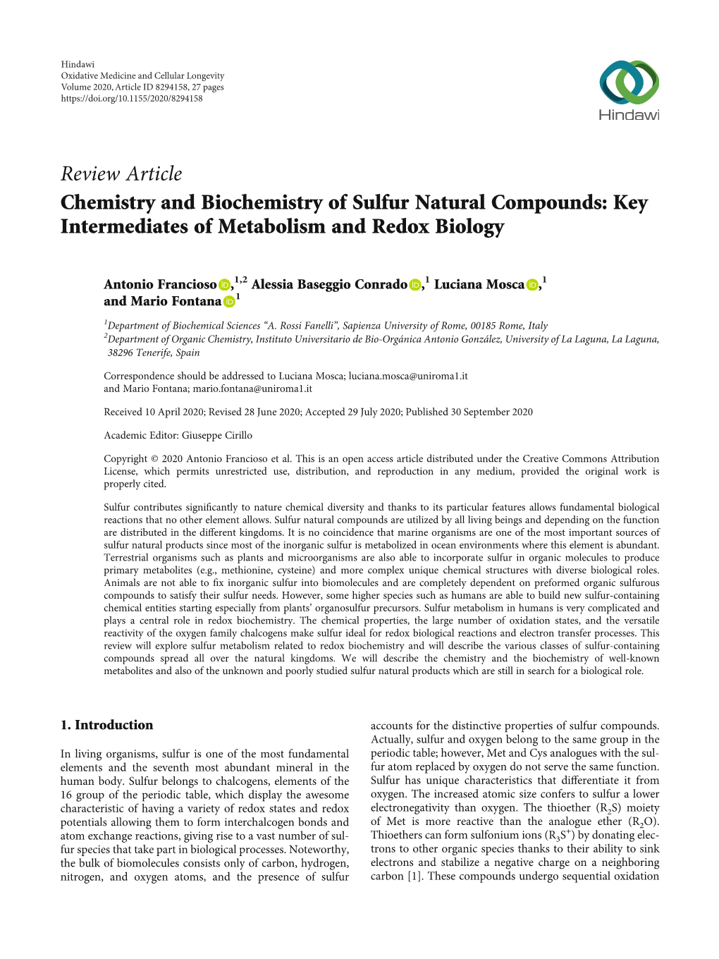Chemistry and Biochemistry of Sulfur Natural Compounds: Key Intermediates of Metabolism and Redox Biology