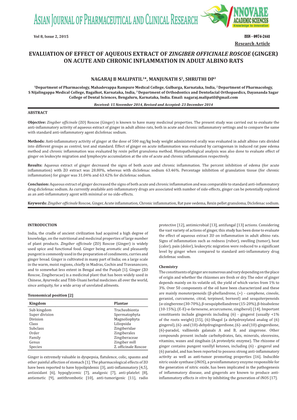 Ginger) on Acute and Chronic Inflammation in Adult Albino Rats