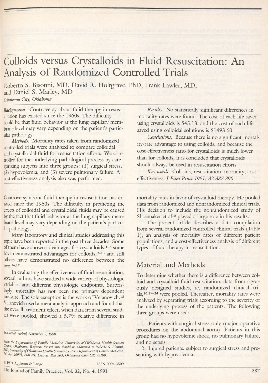 Colloids Versus Crystalloids in Fluid Resuscitation: an Analysis of Randomized Controlled Trials Roberto S