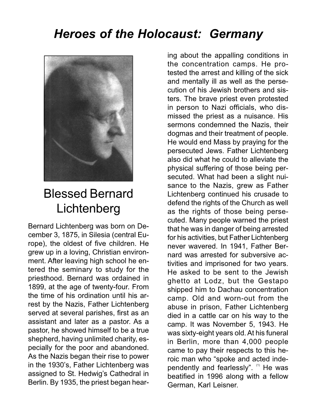 Blessed Bernard Lichtenberg Heroes of the Holocaust: Germany