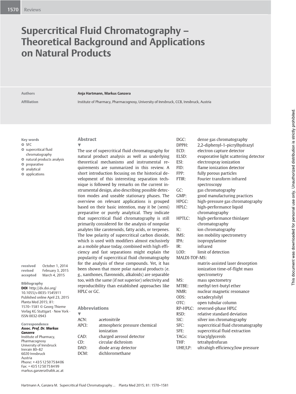 Supercritical Fluid Chromatography – Theoretical Background and Applications on Natural Products