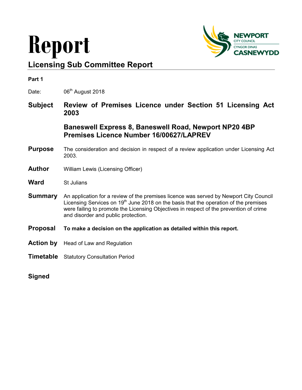 Review of the Premises Licence for Baneswell