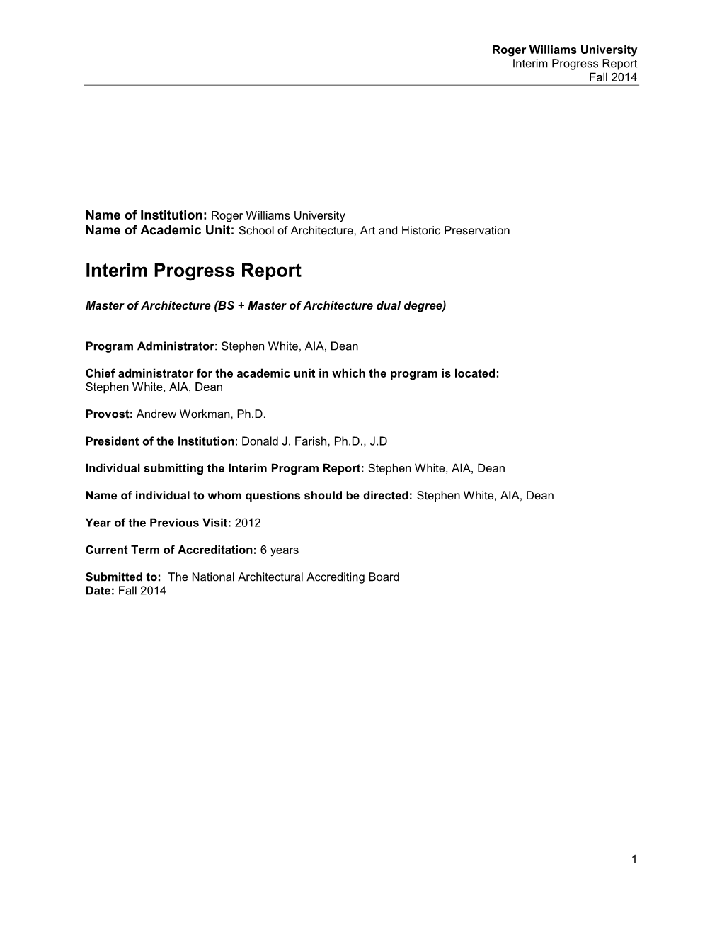 2014 Roger Williams University Interim Report