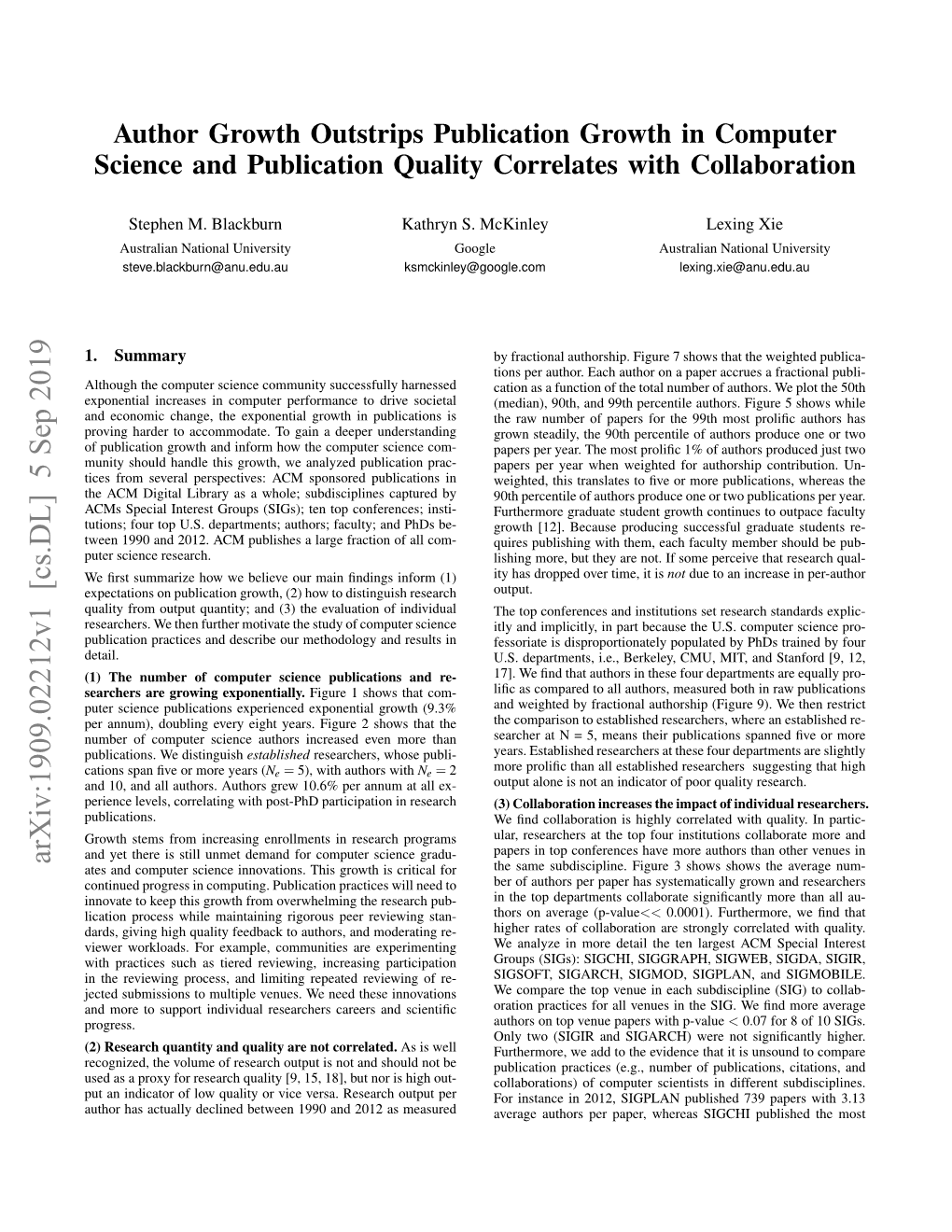 Author Growth Outstrips Publication Growth in Computer Science and Publication Quality Correlates with Collaboration