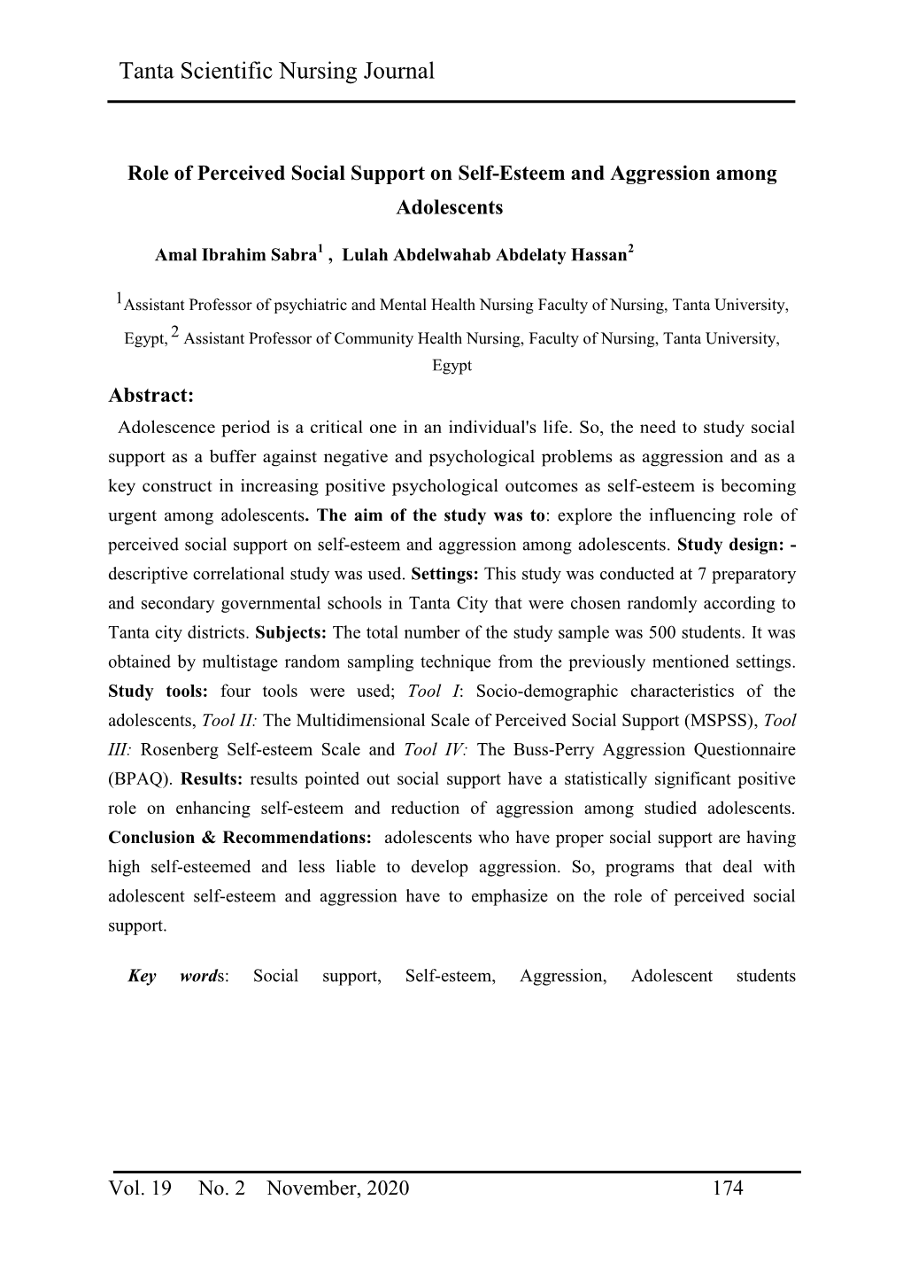 Role of Perceived Social Support on Self-Esteem and Aggression Among Adolescents