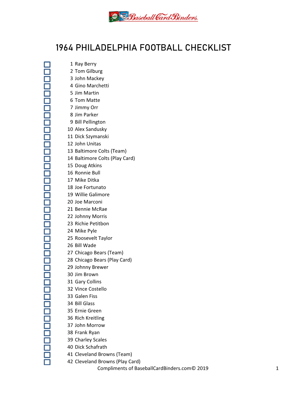 1964 Philadelphia Football Checklist