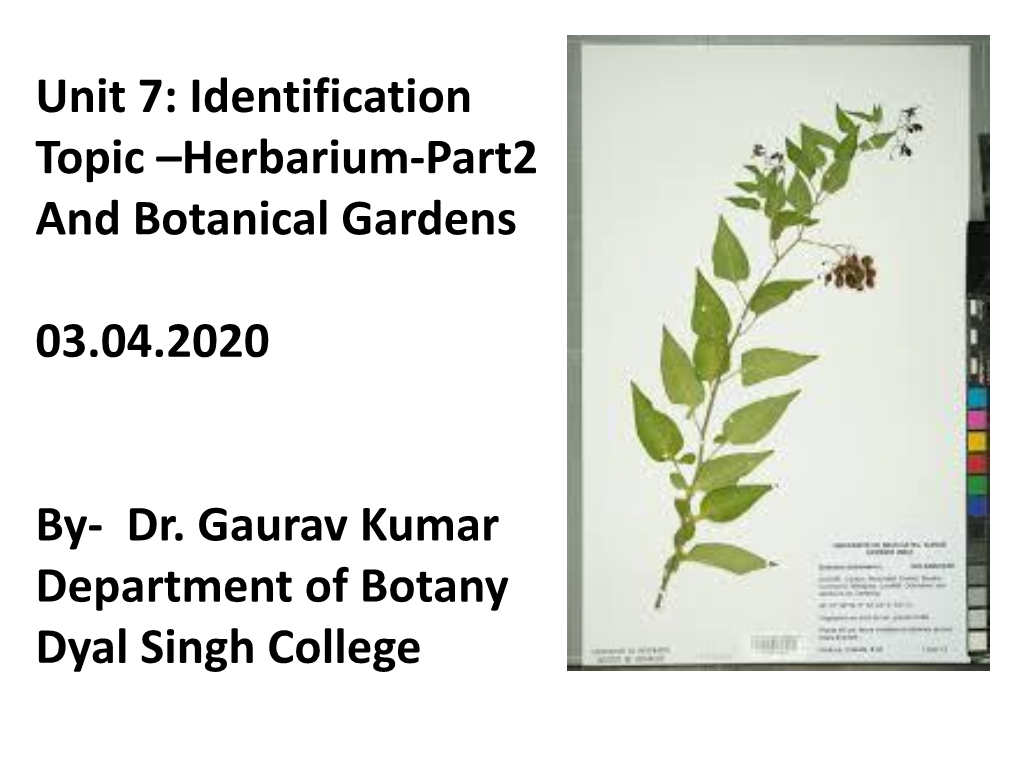 Unit 7: Identification Topic –Herbarium-Part2 and Botanical Gardens 03.04.2020 By- Dr. Gaurav Kumar Department of Botany Dyal