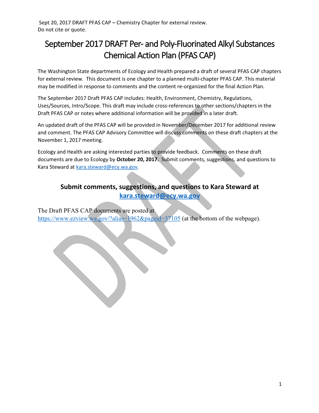 September 2017 DRAFT Per- and Poly-Fluorinated Alkyl Substances Chemical Action Plan (PFAS CAP)