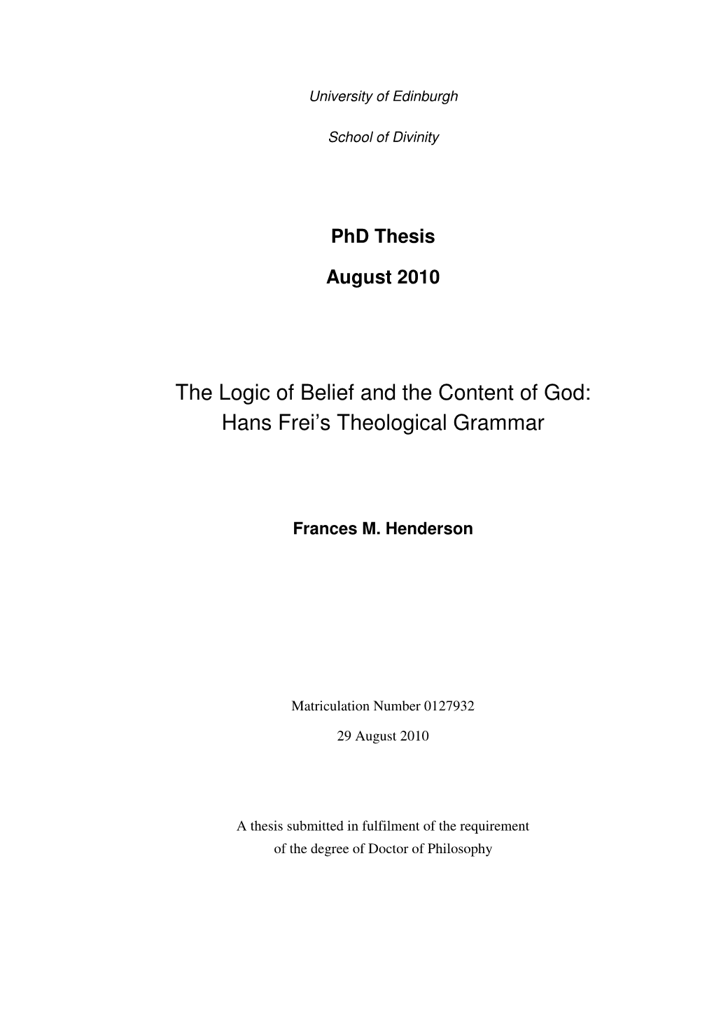 Hans Frei's Theological Grammar