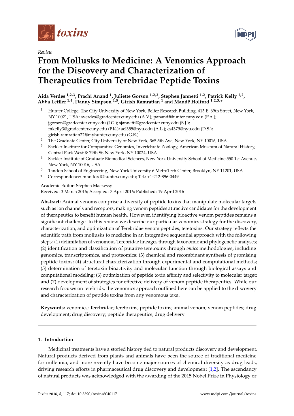 A Venomics Approach for the Discovery and Characterization of Therapeutics from Terebridae Peptide Toxins