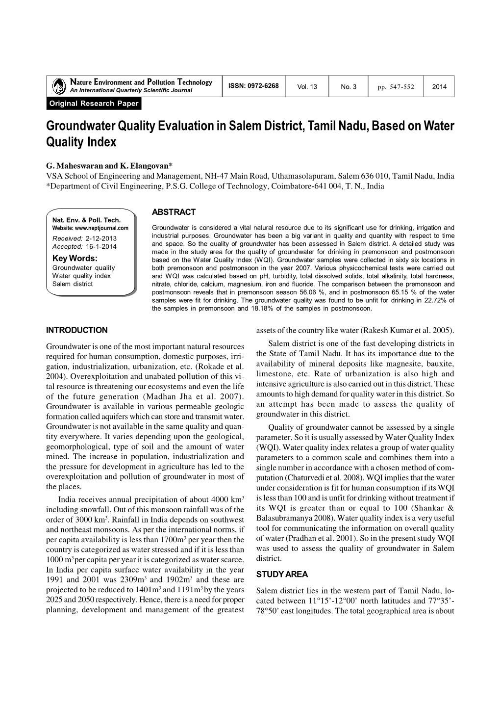 Groundwater Quality Evaluation in Salem District, Tamil Nadu, Based on Water Quality Index