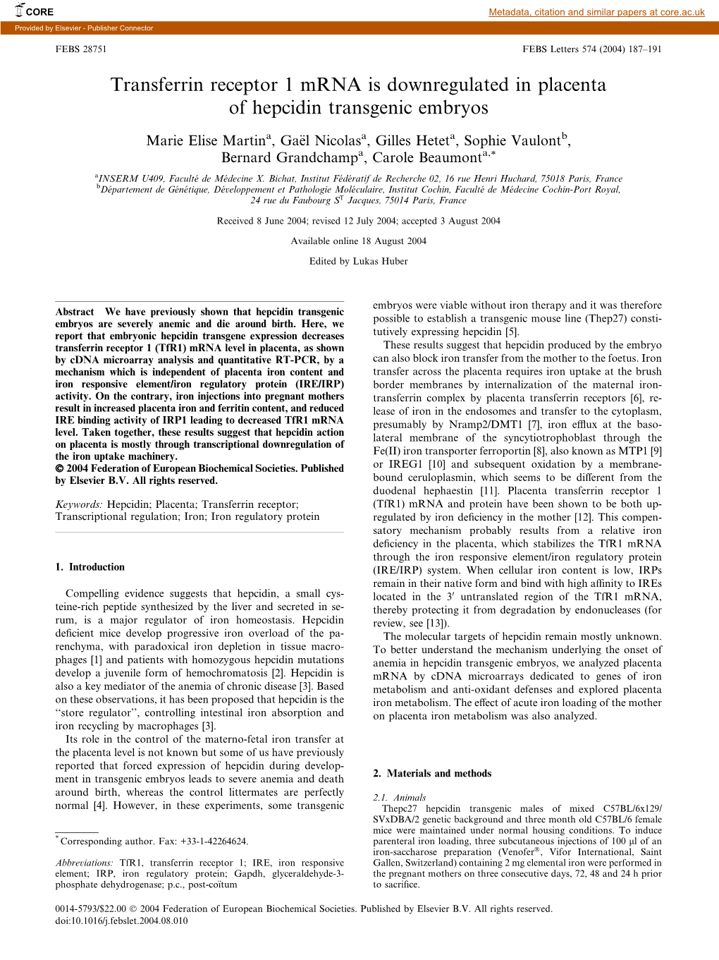 Transferrin Receptor 1 Mrna Is Downregulated in Placenta of Hepcidin Transgenic Embryos