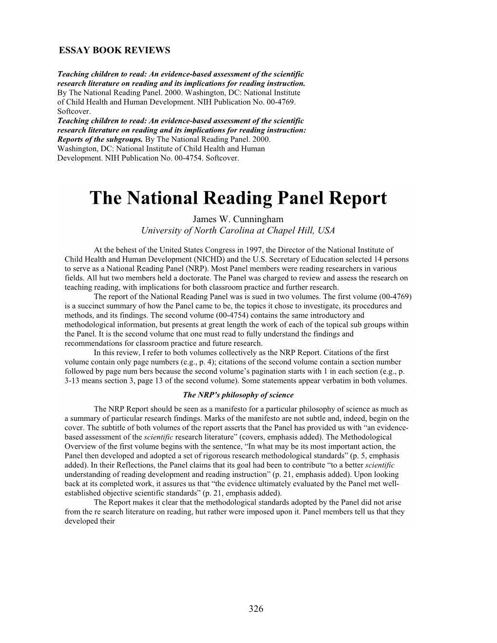 The National Reading Panel Report James W