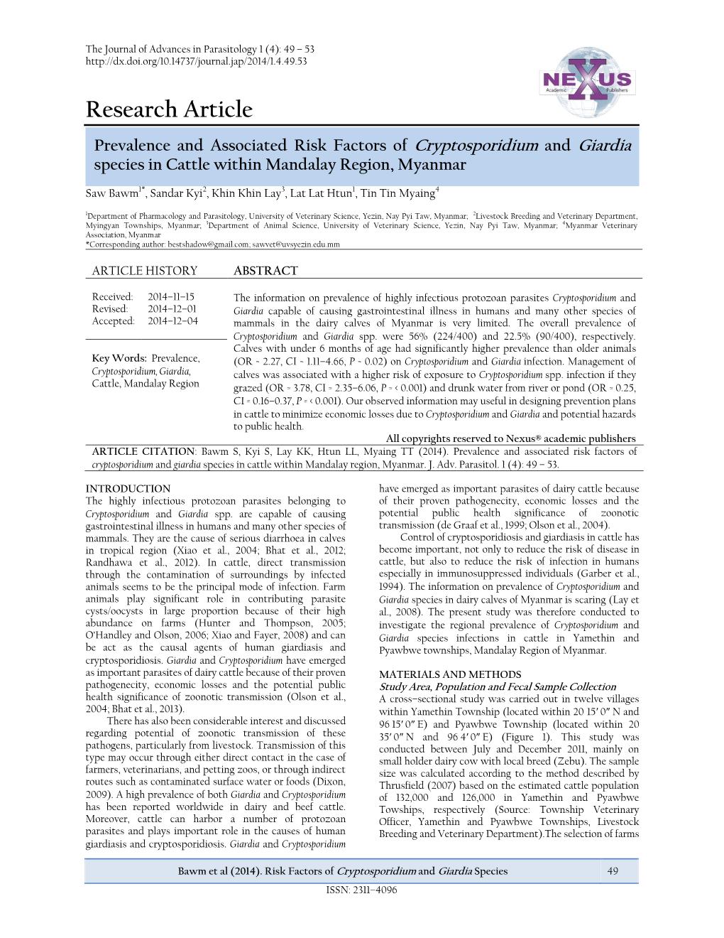 Prevalence and Associated Risk Factors of Cryptosporidium and Giardia Species in Cattle Within Mandalay Region, Myanmar