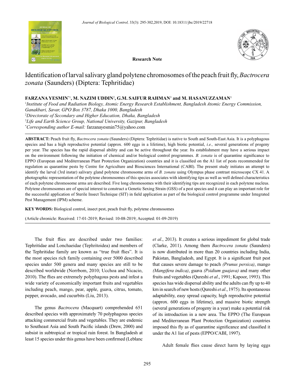 Identification of Larval Salivary Gland Polytene Chromosomes of the Peach Fruit Fly, Bactrocera Zonata (Saunders) (Diptera: Tephritidae)