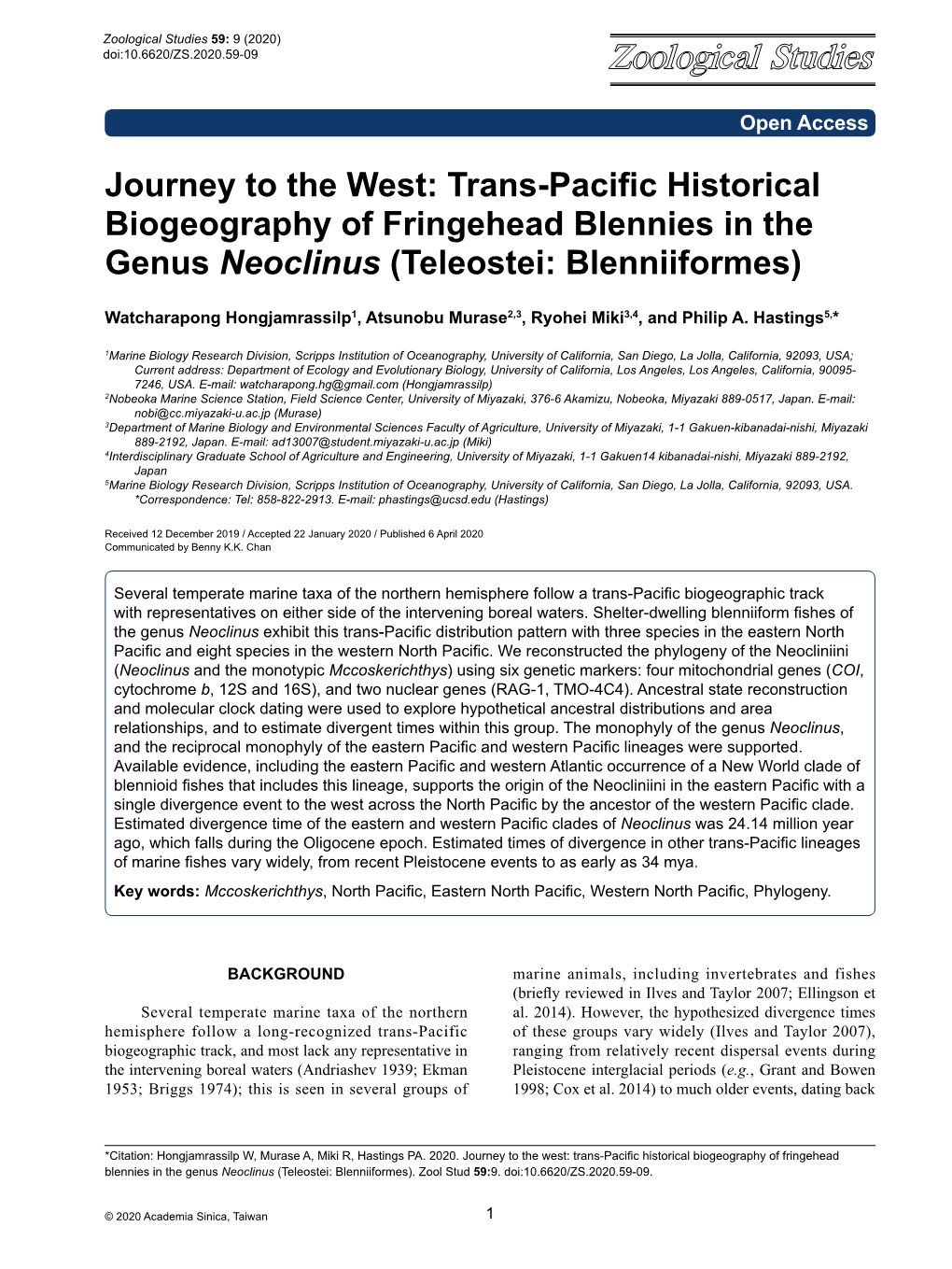 Trans-Pacific Historical Biogeography of Fringehead Blennies in the Genus Neoclinus (Teleostei: Blenniiformes)