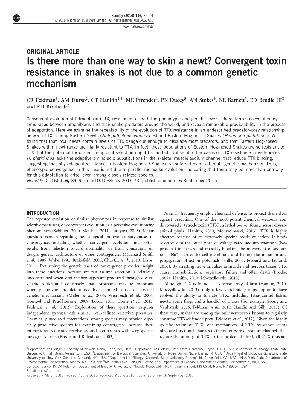 Convergent Toxin Resistance in Snakes Is Not Due to a Common Genetic Mechanism