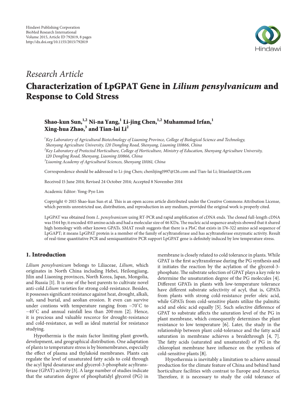 Characterization of Lpgpat Gene in Lilium Pensylvanicum and Response to Cold Stress