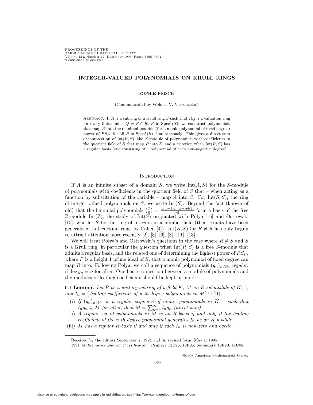 INTEGER-VALUED POLYNOMIALS on KRULL RINGS Introduction If A