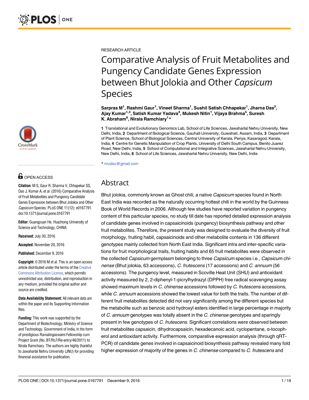 Comparative Analysis of Fruit Metabolites and Pungency Candidate Genes Expression Between Bhut Jolokia and Other Capsicum Species