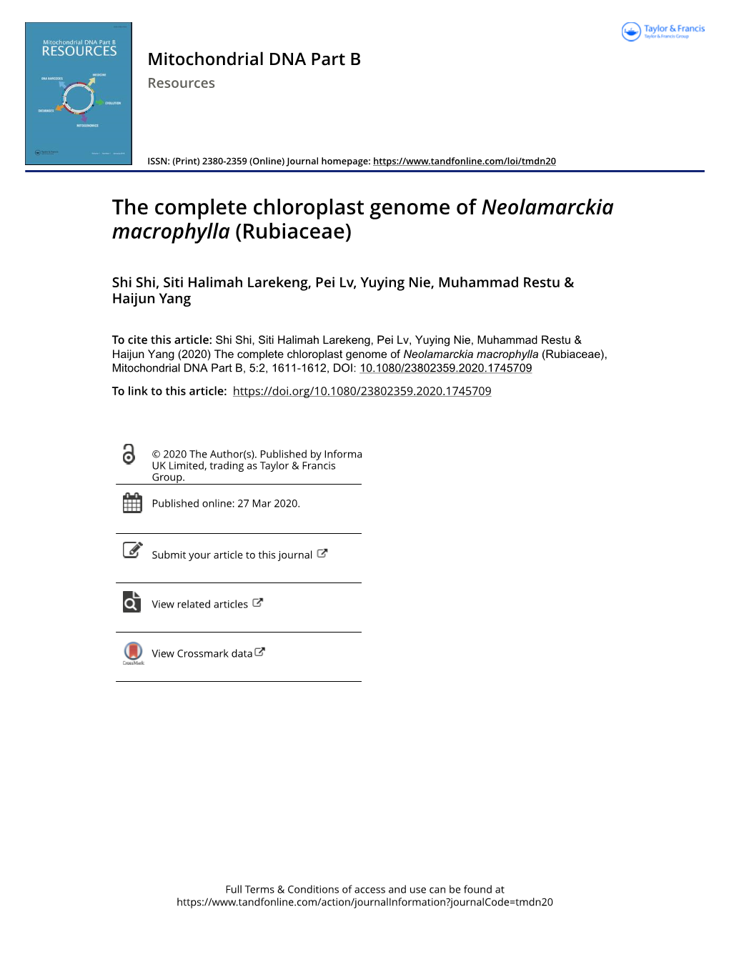 The Complete Chloroplast Genome of Neolamarckia Macrophylla (Rubiaceae)