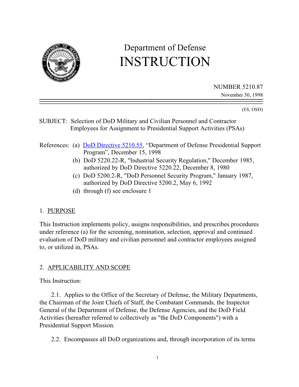 Dod Instruction 5210.87; November 30, 1998