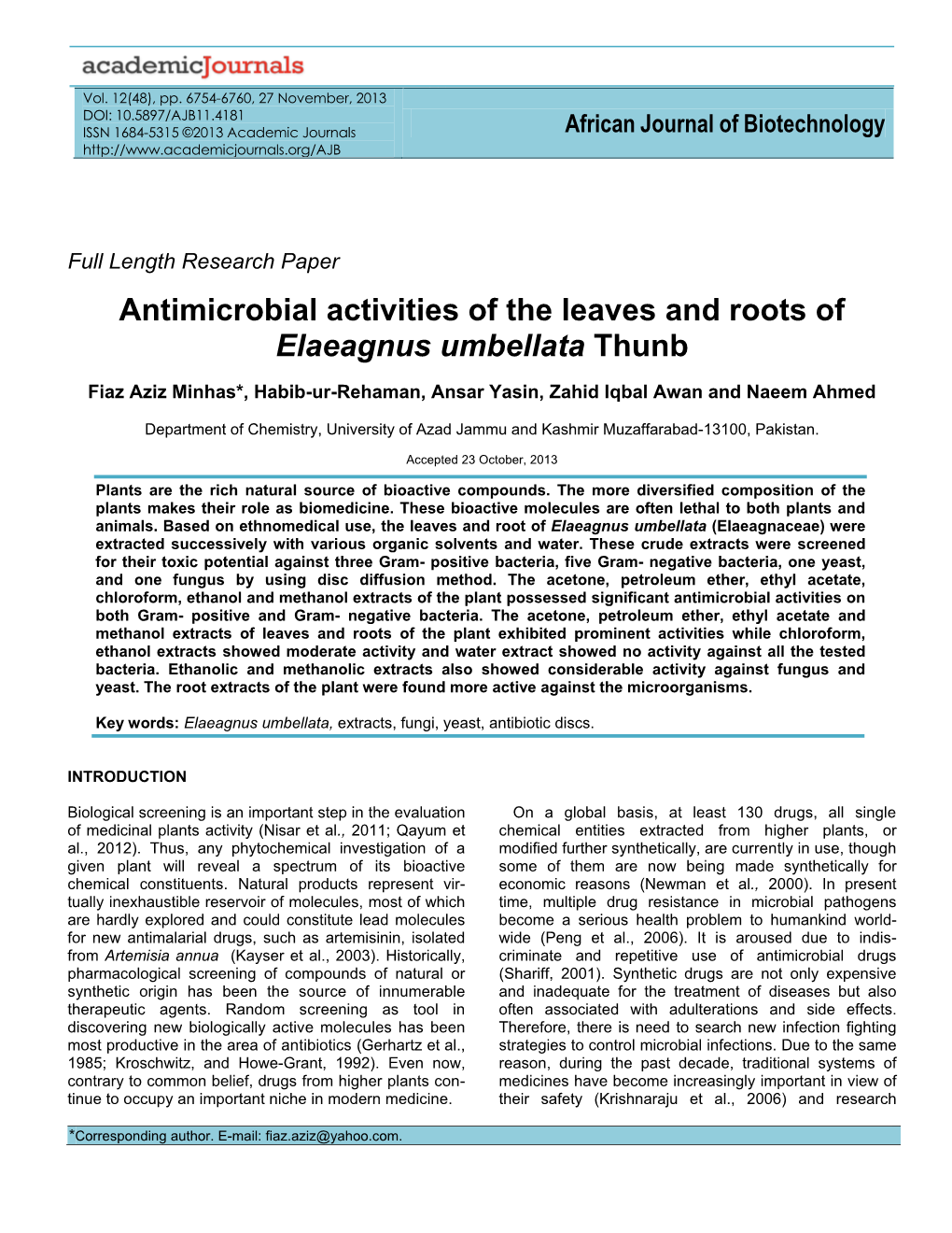 Antimicrobial Activities of the Leaves and Roots of Elaeagnus Umbellata Thunb