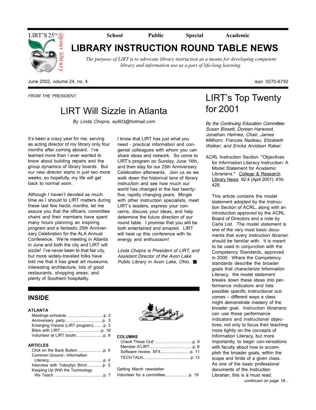 LIBRARY INSTRUCTION ROUND TABLE NEWS LIRT Will Sizzle In