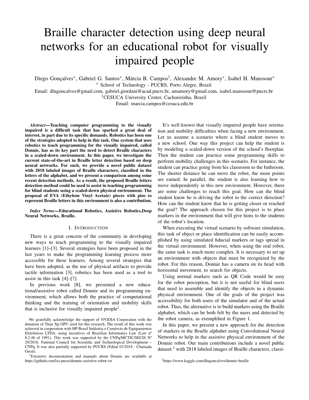 Braille Character Detection Using Deep Neural Networks for an Educational Robot for Visually Impaired People