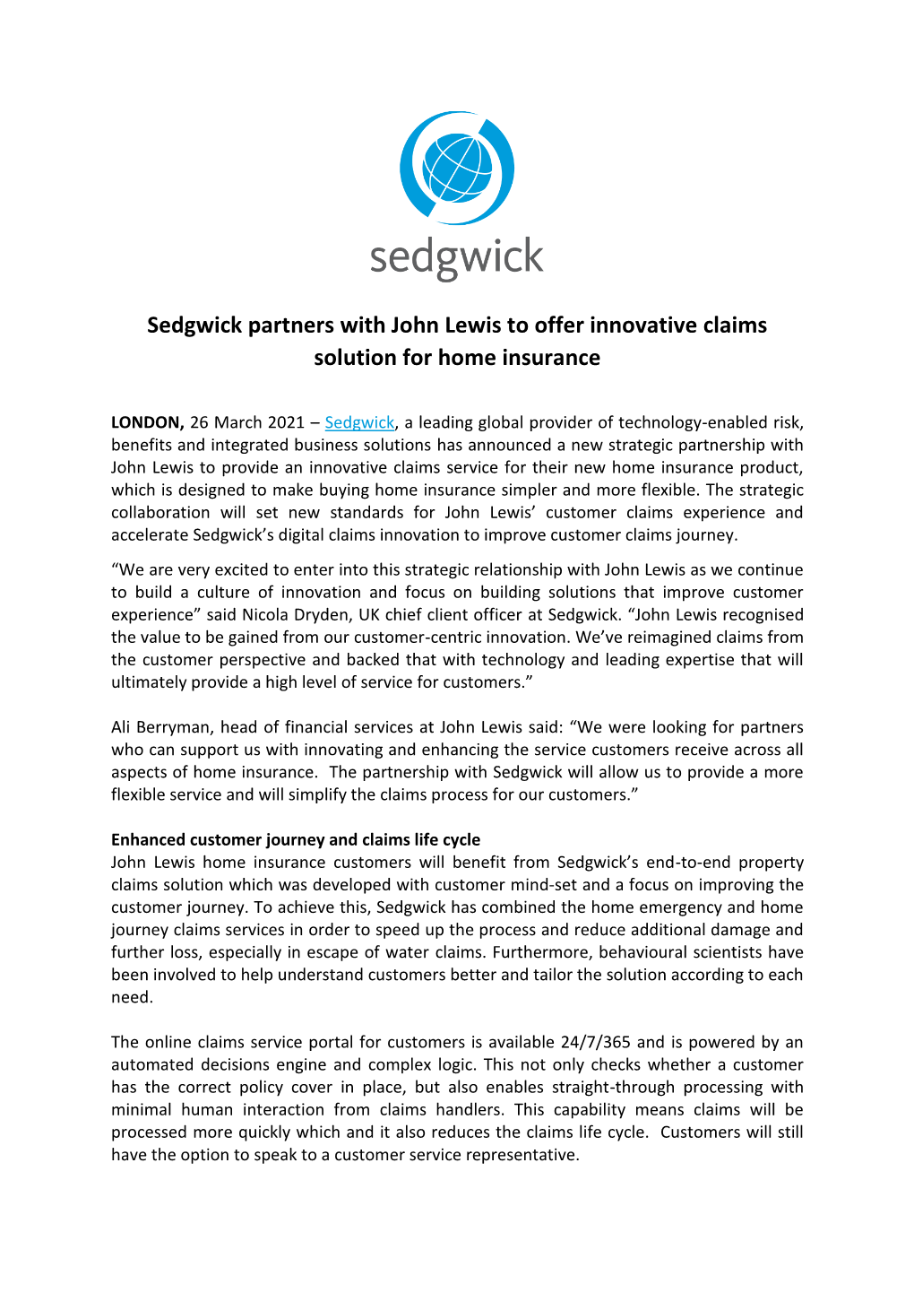Sedgwick Partners with John Lewis to Offer Innovative Claims Solution for Home Insurance