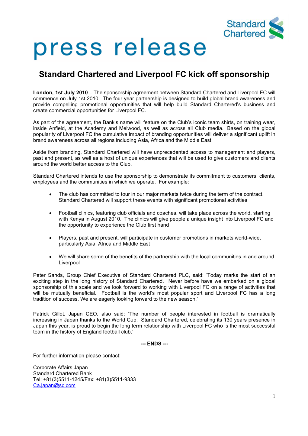 Standard Chartered and Liverpool FC Kick Off Sponsorship