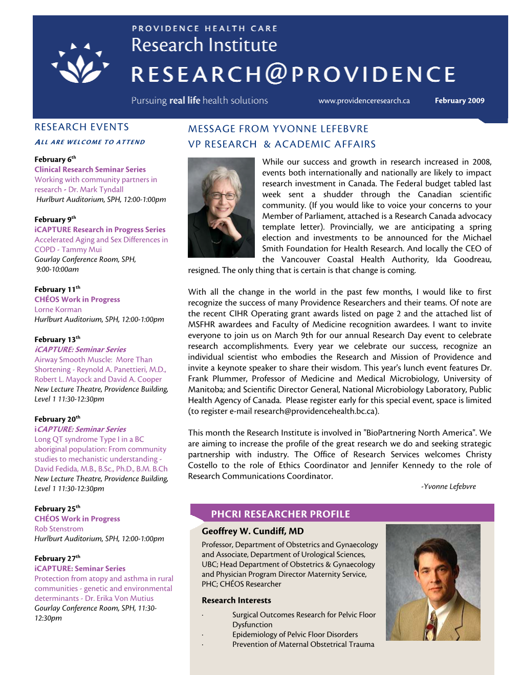 Research Events Message from Yvonne Lefebvre Vp